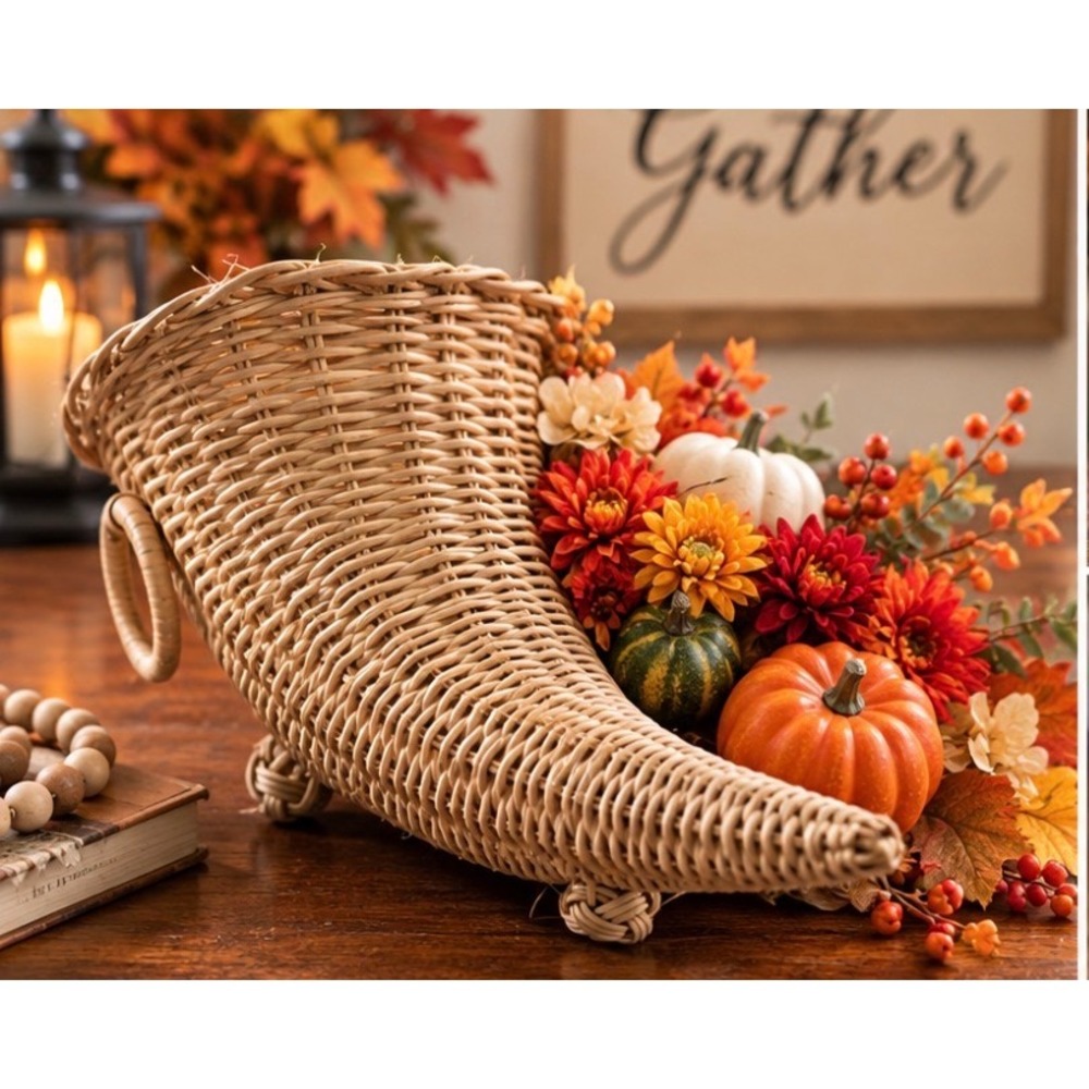 Vintage Wicker Cornucopia Basket 14" Thanksgiving Decor Harvest Horn of Plenty